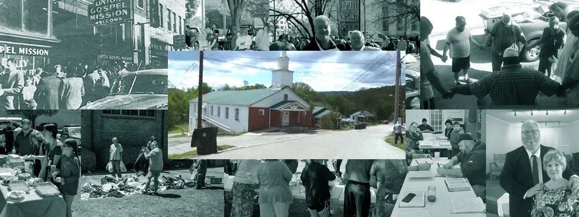 Collage of photos depicting community gathering events, including meetings, outdoor activities, and church or church-related events.