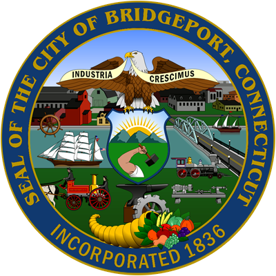 Seal of the City of Bridgeport, Connecticut with a bald eagle, ships, a train, factory, and scenic landscape, with a banner reading 'Industria Crescimus,' and date 1836.