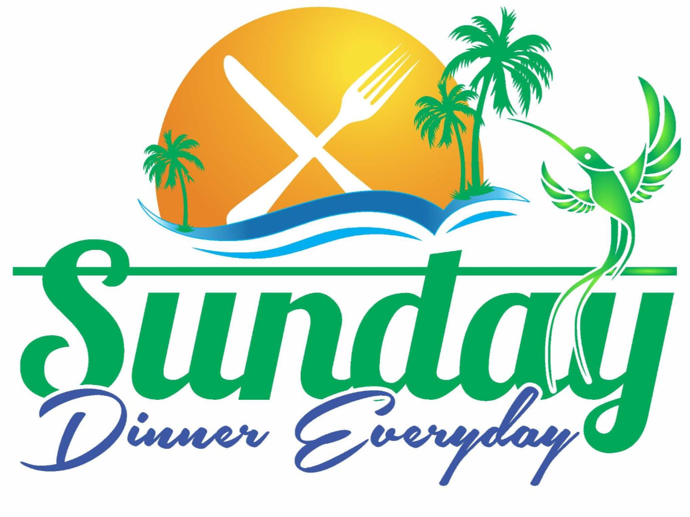 A logo featuring a sunset with palms, a fork and knife crossed, water waves, a hummingbird, and the text 'Sunday Dinner Every Day' in green and blue.
