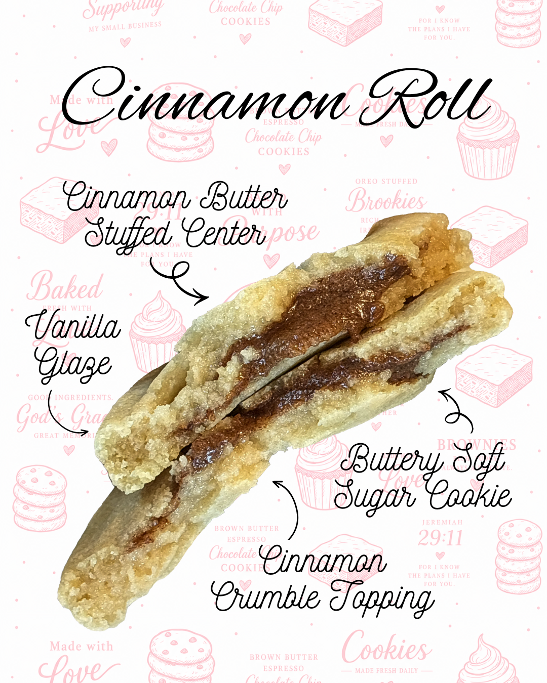 Close-up of a cinnamon roll with a stuffed center, topped with cinnamon crumble, filled with vanilla glaze, and decorated with butterscotch sugar cookie and cinnamon crumble topping on a white background.