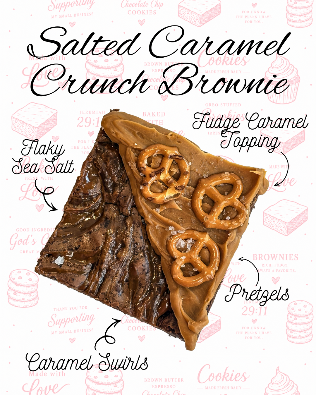 A slice of salted caramel crunch brownie with fudge caramel topping, pretzels, caramel swirls, and flaky sea salt on top.