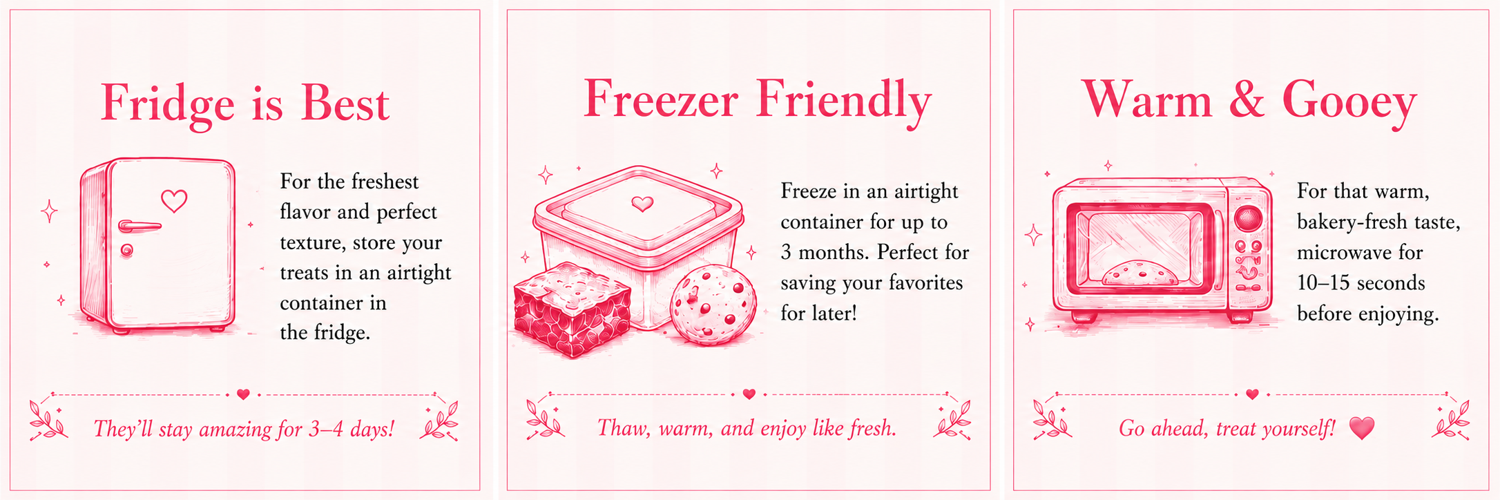 Pink and white infographic with three sections about storing treats in the fridge and freezer. The first section shows a mini fridge with a heart on the door, titled "Fridge is Best," with text about storing treats in an airtight container. The second section shows a plastic container with treats inside, titled "Freezer Friendly," explaining freezing in an airtight container for up to three months. The third section displays a microwave with treats inside, titled "Warm & Gooey," advising microwaving for 10-15 seconds before enjoying.