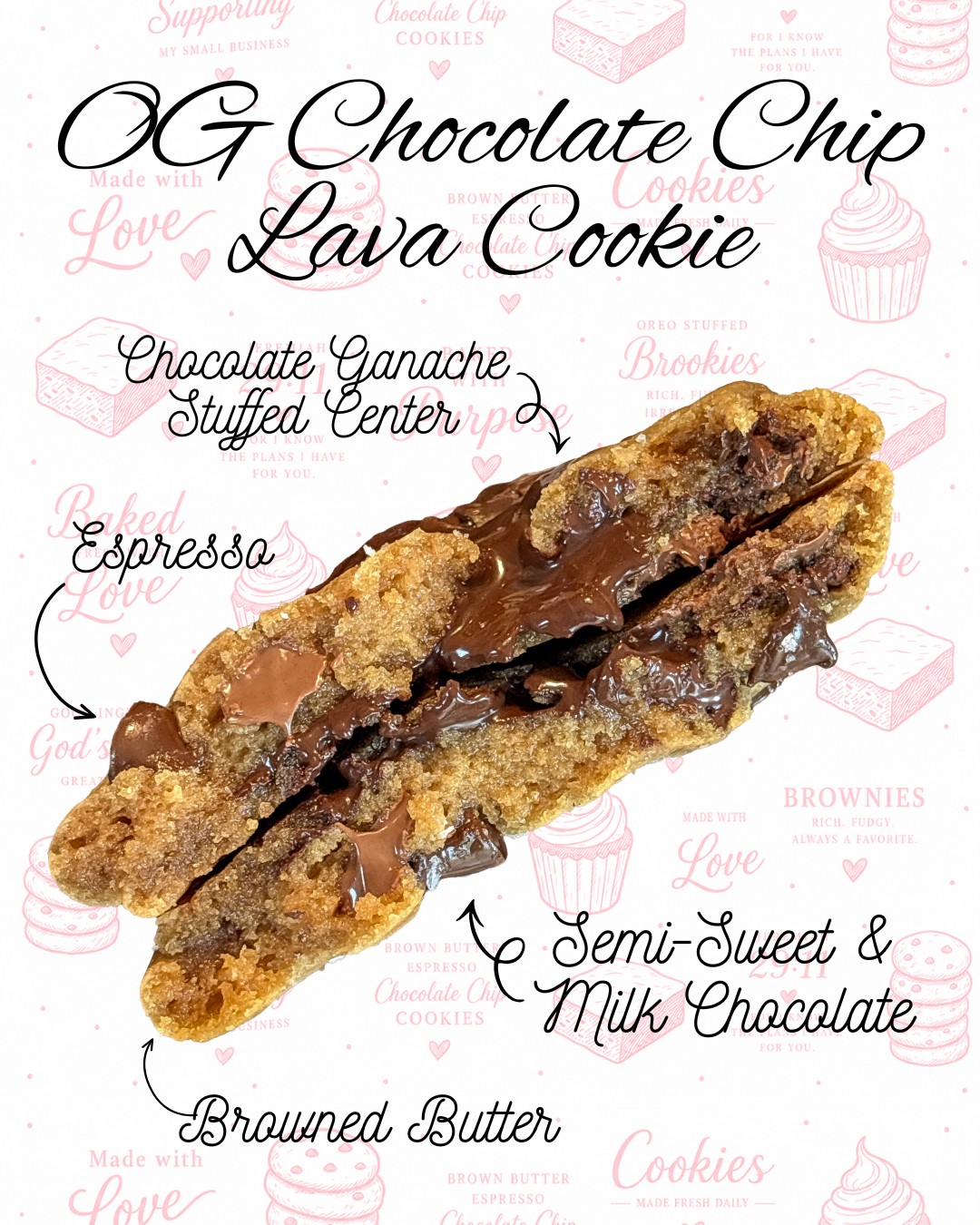 A close-up image of a chocolate chip lava cookie with annotations pointing to its features, including semi-sweet and milk chocolate, browned butter, espresso, and chocolate ganache stuffed center, against a pink and white bakery-themed background.