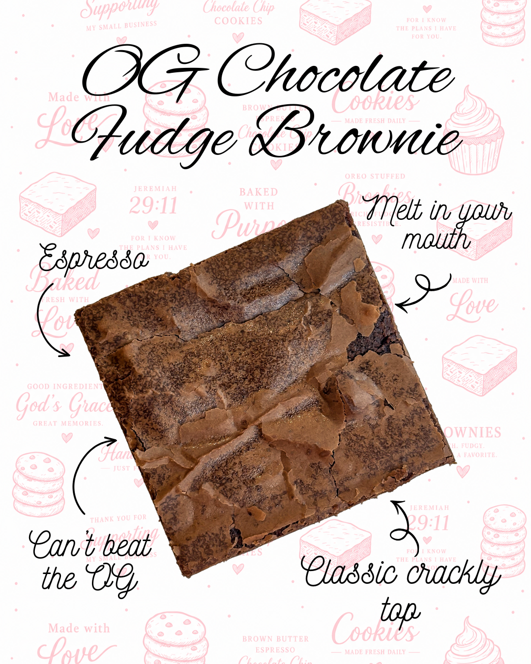 A chocolate brownie with annotations highlighting its features, including melt-in-your-mouth texture, espresso flavor, classic crackly top, and the inability to beat the original.