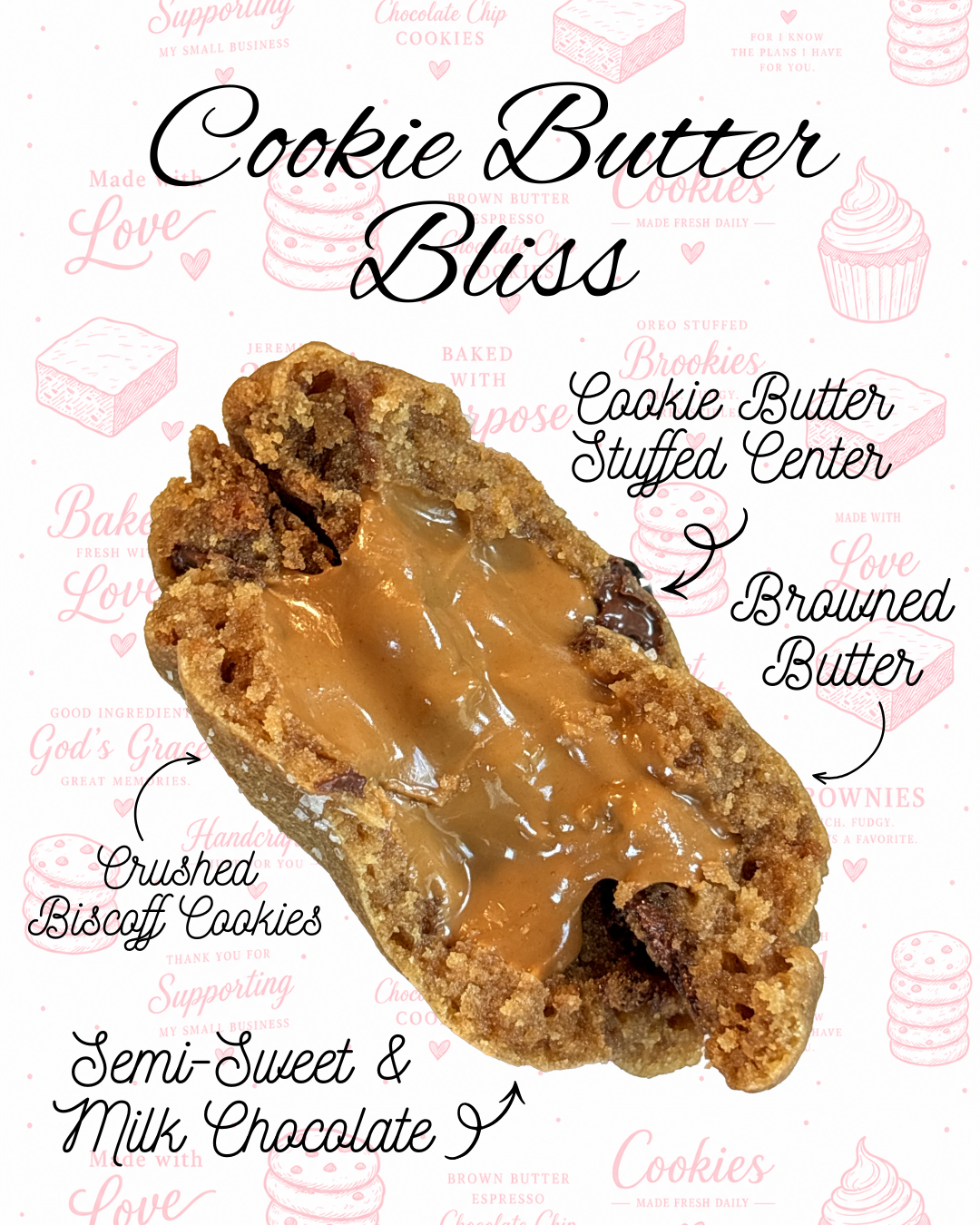 Close-up of a cookie butter blondie topped with caramel, labeled with annotations for ingredients including crushed Biscuit cookies, semi-sweet and milk chocolate, browned butter, and cookie butter stuffed center, with decorative pink background featuring illustrations of cookies and hearts.
