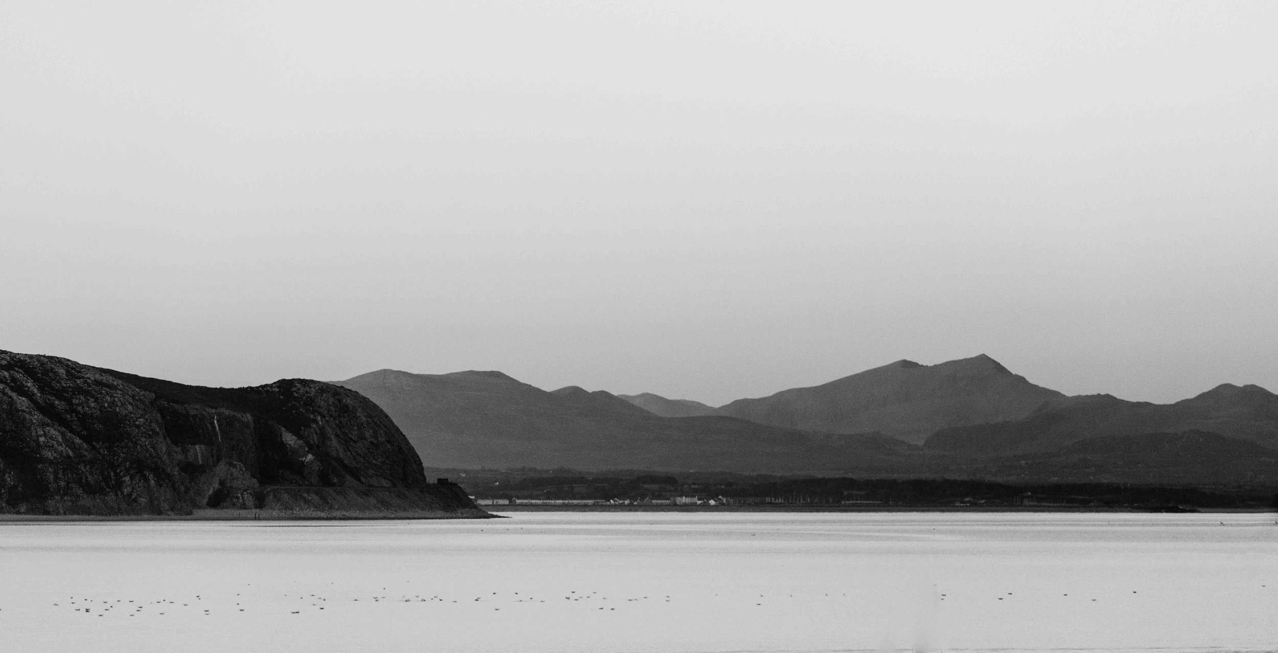 Black and white landscape with mountains and a lake, birds on the water, and a rocky hillside.