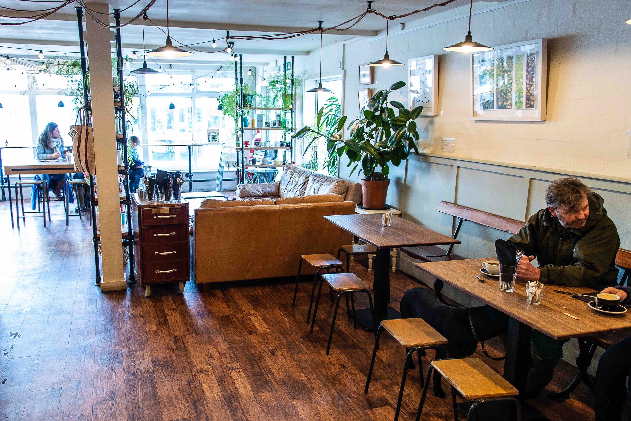 Cozy cafe interior with wooden floors, tables, and chairs. Few people are sitting, drinking, and working. Green plants and wall art decorate the space.