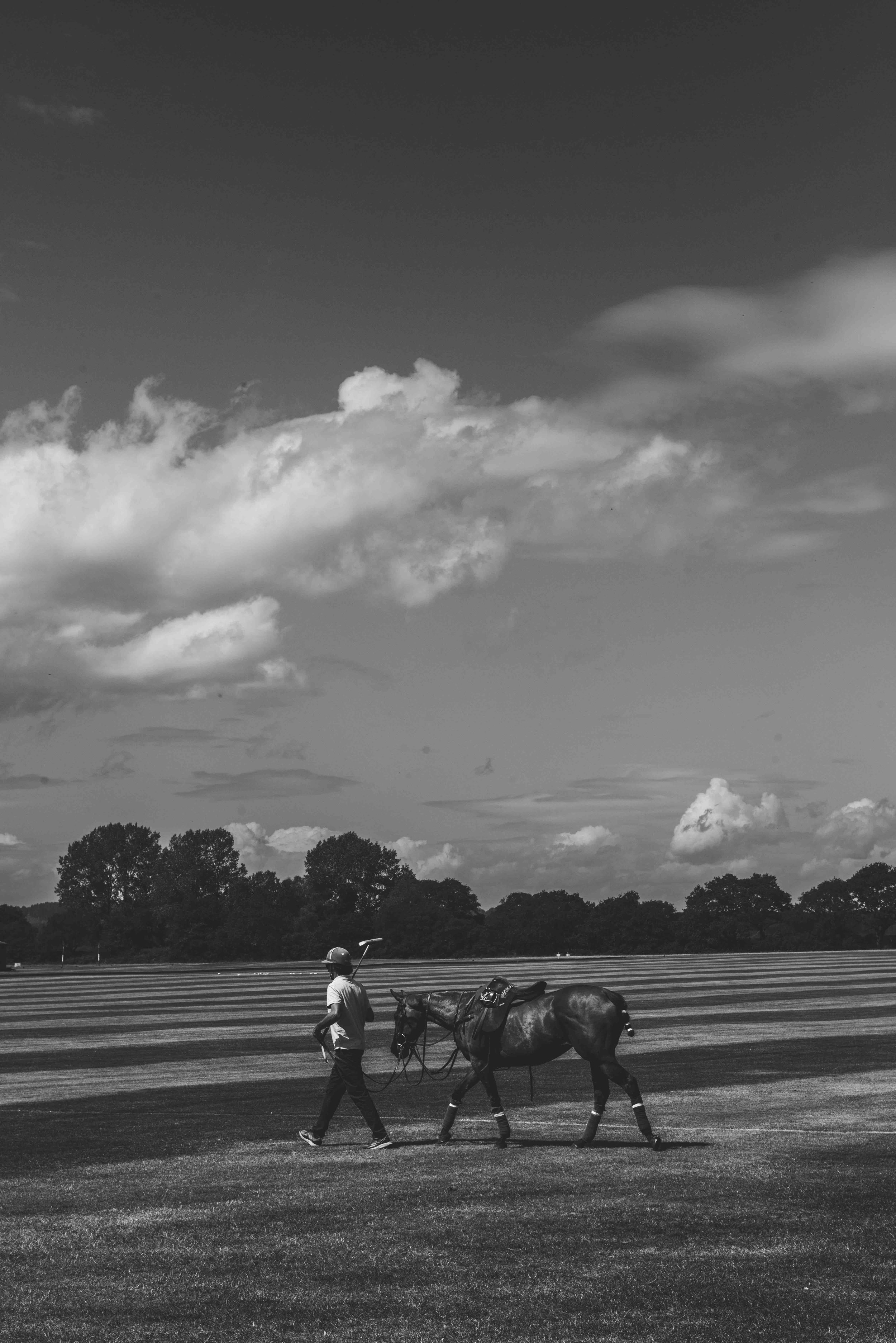 Person walking a horse on a grassy field under a cloudy sky, black and white photo.