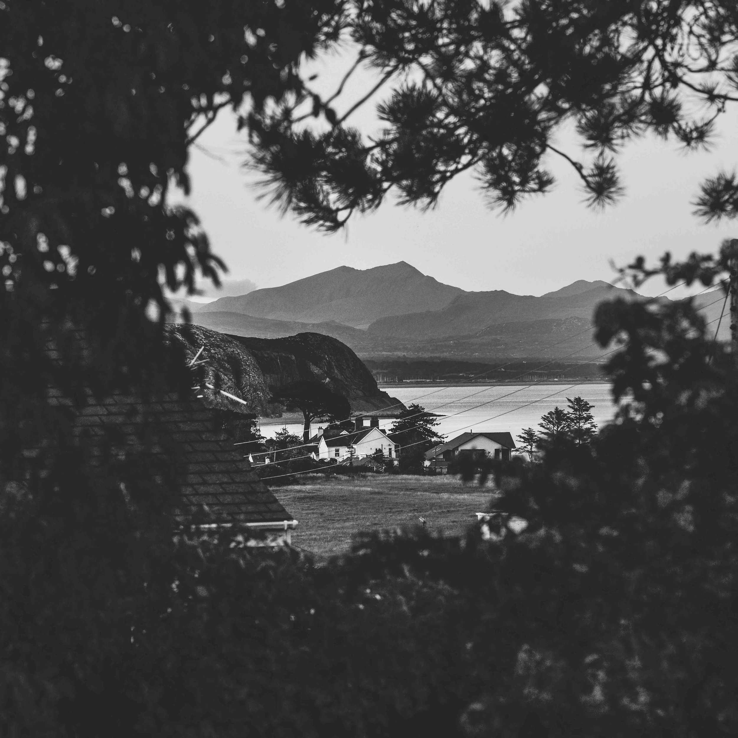 Scenic black and white landscape with mountains, ocean, and houses framed by trees.