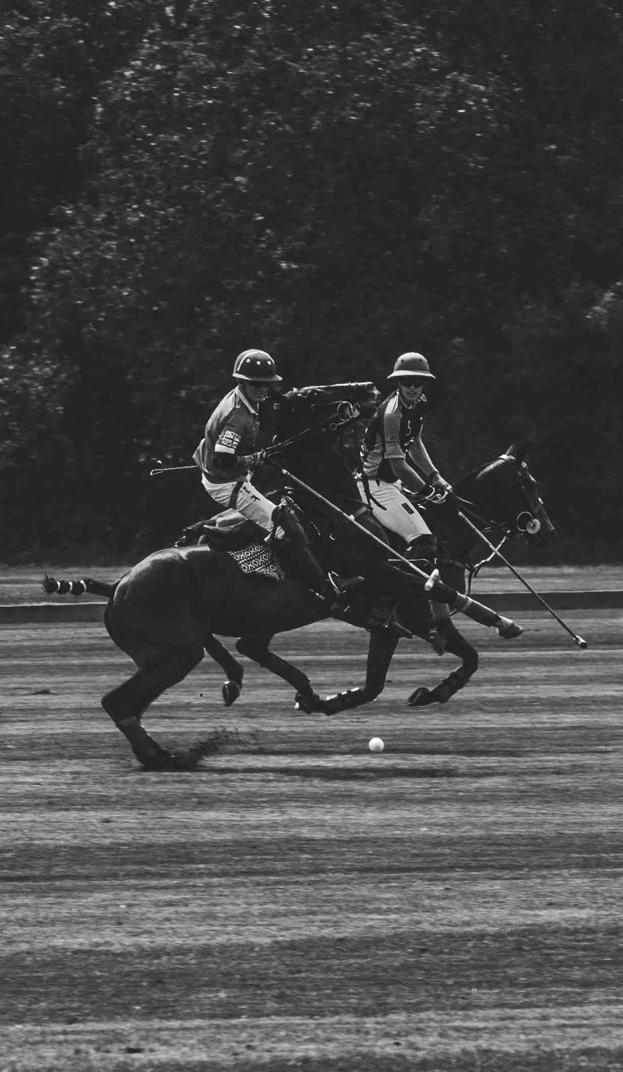 Two polo players on horseback during a match, mid-action, with a polo ball on the field.