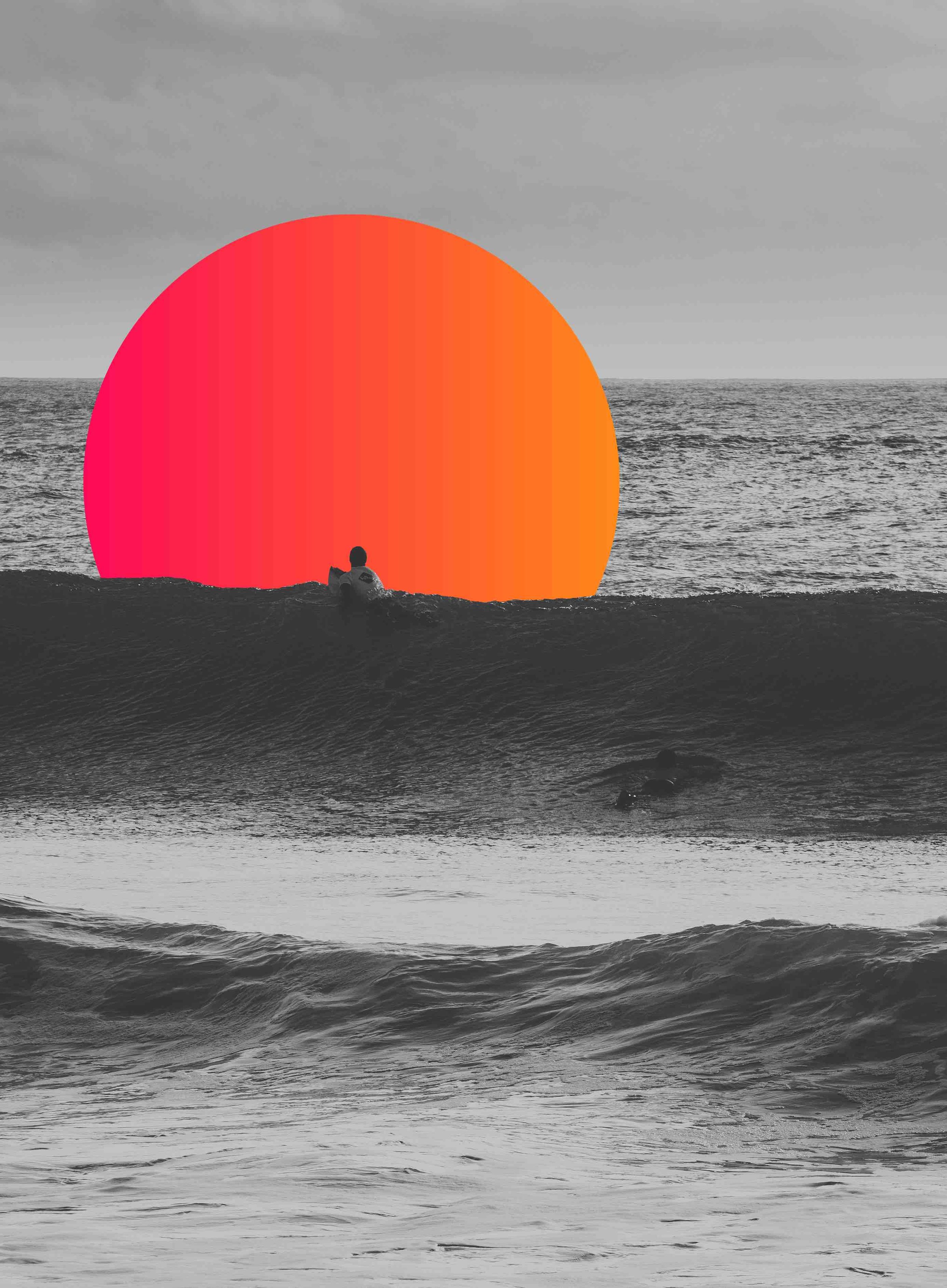 Black and white photo of a surfer on ocean waves with a digitally added, colorful sun design in the background.
