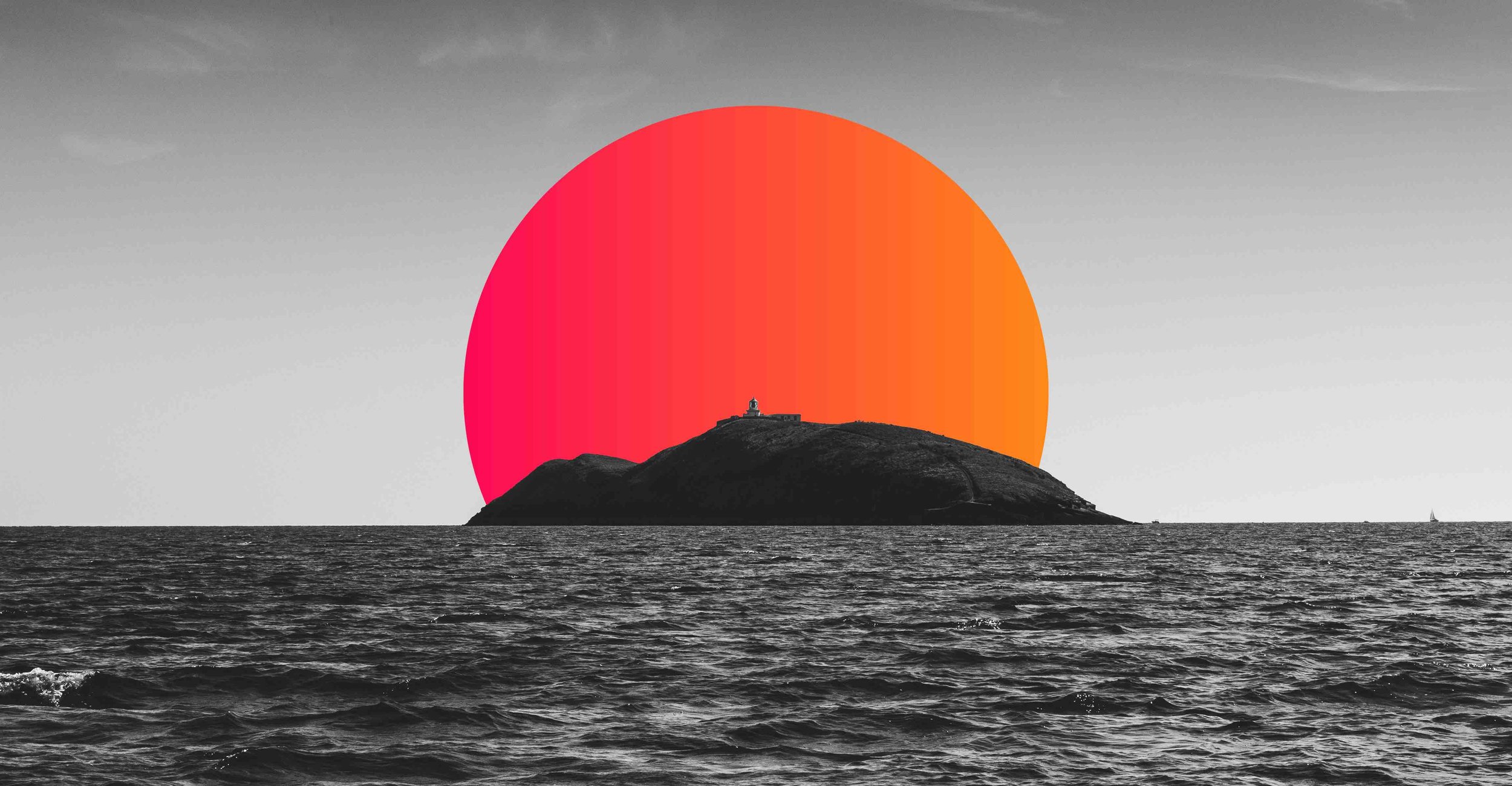 Black and white island silhouette with a large, vibrant red and orange sun in the background over the ocean.