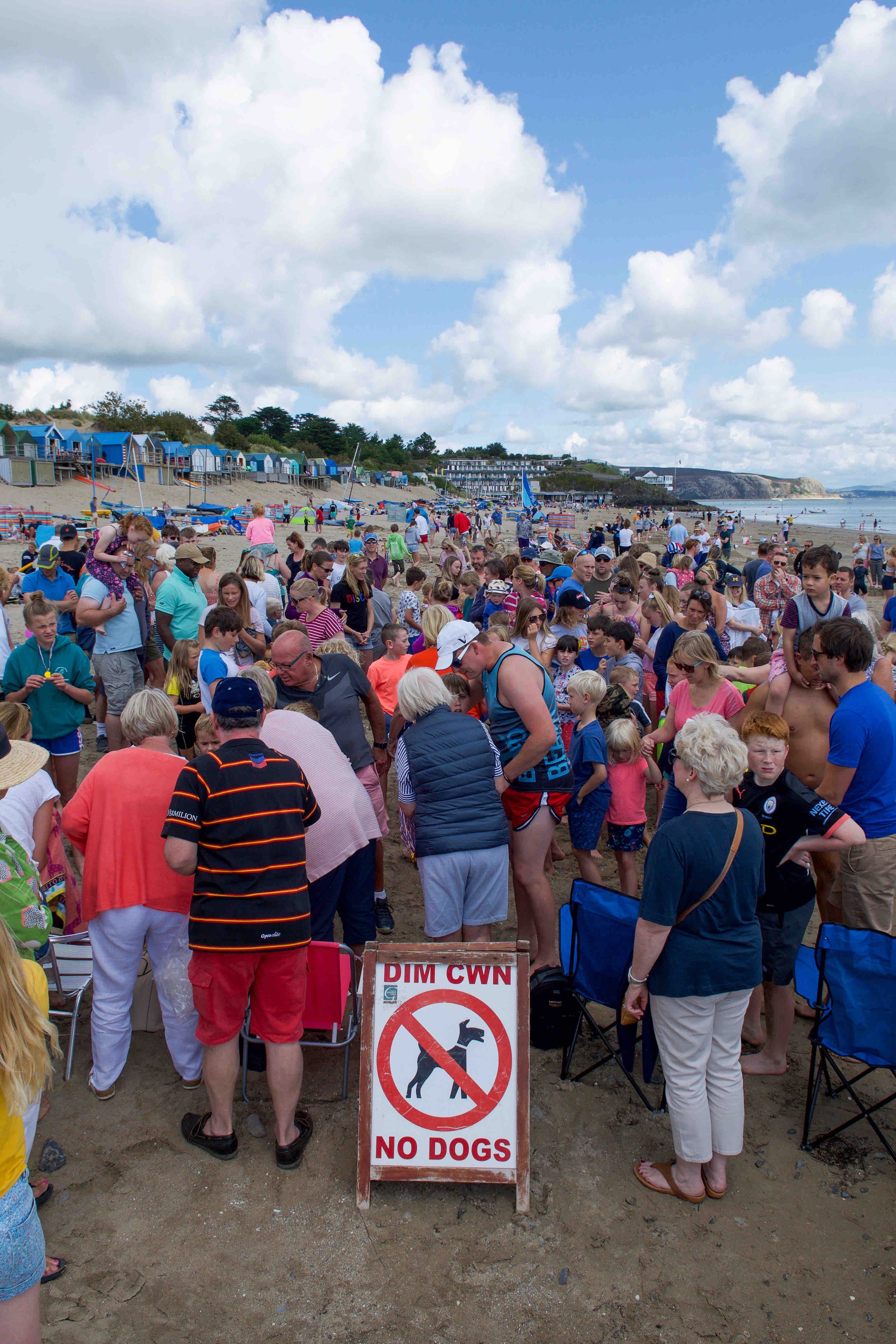A crowded beach scene with many people gathered around, including families and children, with beach huts in the background. A "No Dogs" sign is prominently displayed in the foreground. The sky is partly cloudy.