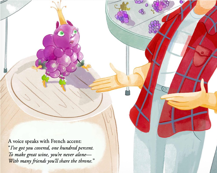 A person in a red plaid jacket and white shirt is talking to a purple, grape-like creature with green eyes, tiny arms, and small green feet, in a room with a display of grapes and a dining table. The person is gesturing with their hand.