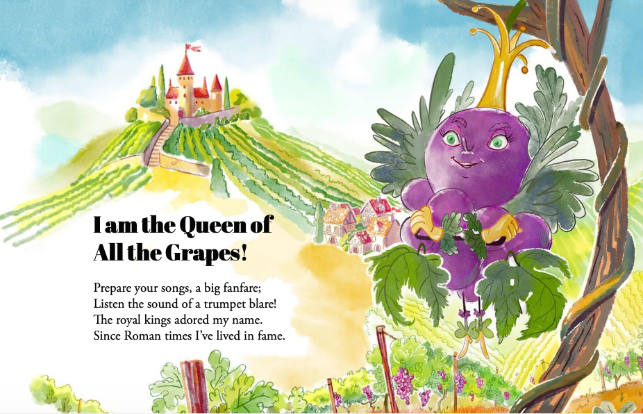 Colorful illustration of a vineyard landscape with a castle on a hill, a singing grape character with a crown, and a poem about being the queen of grapes.