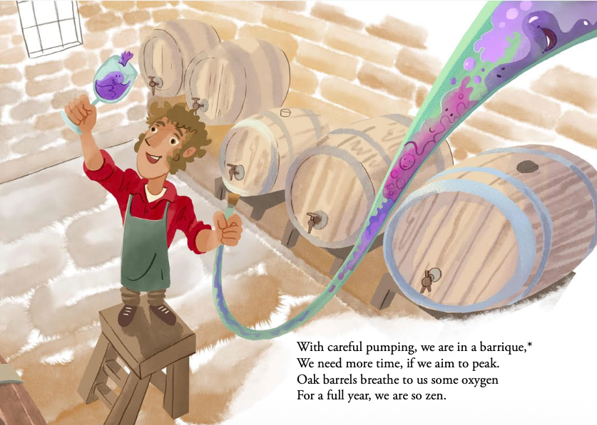 A person standing on a small stool in a wine cellar, watching a purple octopus in a glass jar, with oak barrels in the background. Green and purple vine-like liquid flows from the barrels.