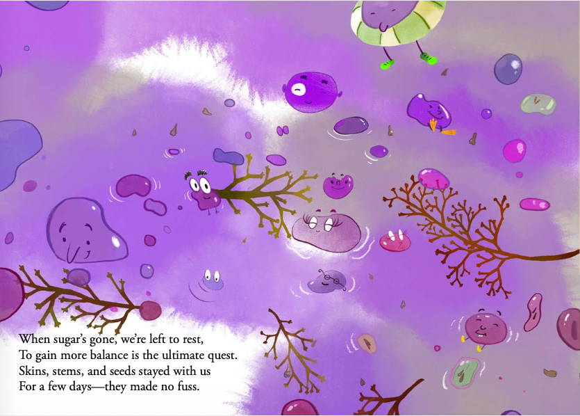 Colorful illustration of various animated, friendly-looking microbes and molecules with branches, set against a purple background, accompanied by a poem about sugar and balance.