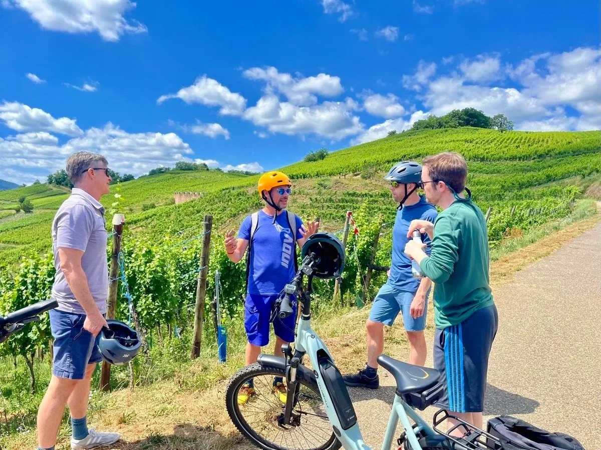 Four men in casual and cycling clothes, some wearing helmets, talking beside their bicycles on a road next to a vineyard with green hills and a blue sky with clouds in the background.