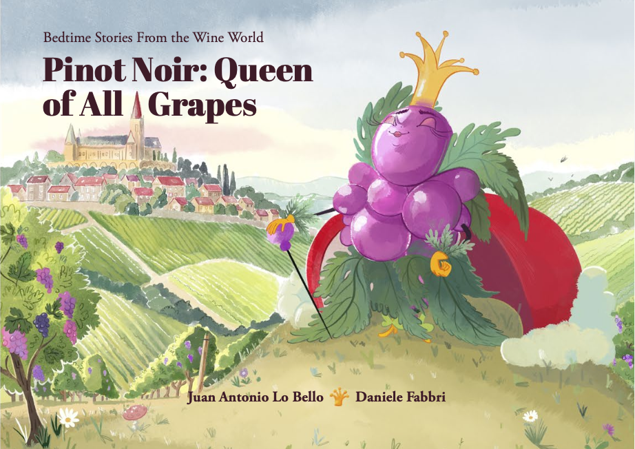 Book cover illustration of a vineyard landscape with a medieval city and castle in the background, featuring a cluster of purple grapes with a yellow crown and green leaves in the foreground.