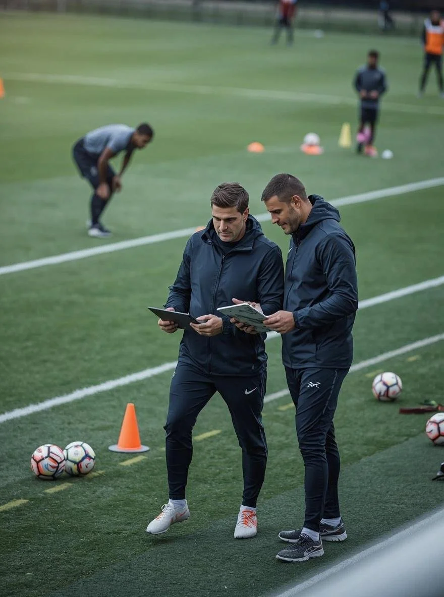 Two soccer coaches reviewing tactics on a tablet during a training session on a soccer field, with players and soccer balls in the background.