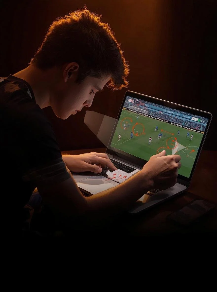 A young man with dark hair is sitting at a desk, watching a soccer game on a laptop. He is using a pen to circle players on a notepad, analyzing the game.