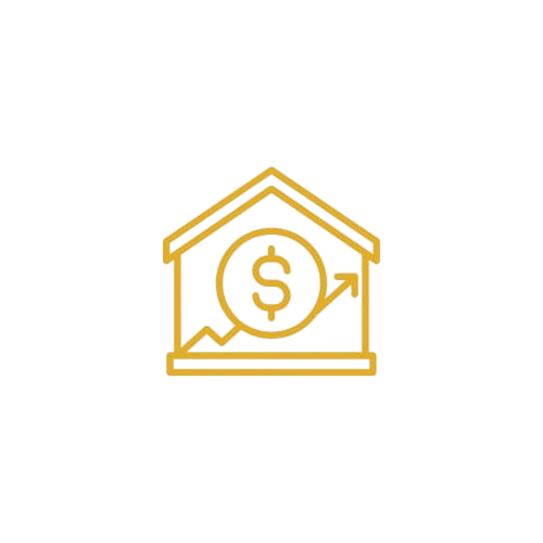 Gold outline of a house with a dollar sign and upward trending arrow inside, representing real estate investment or housing market growth.