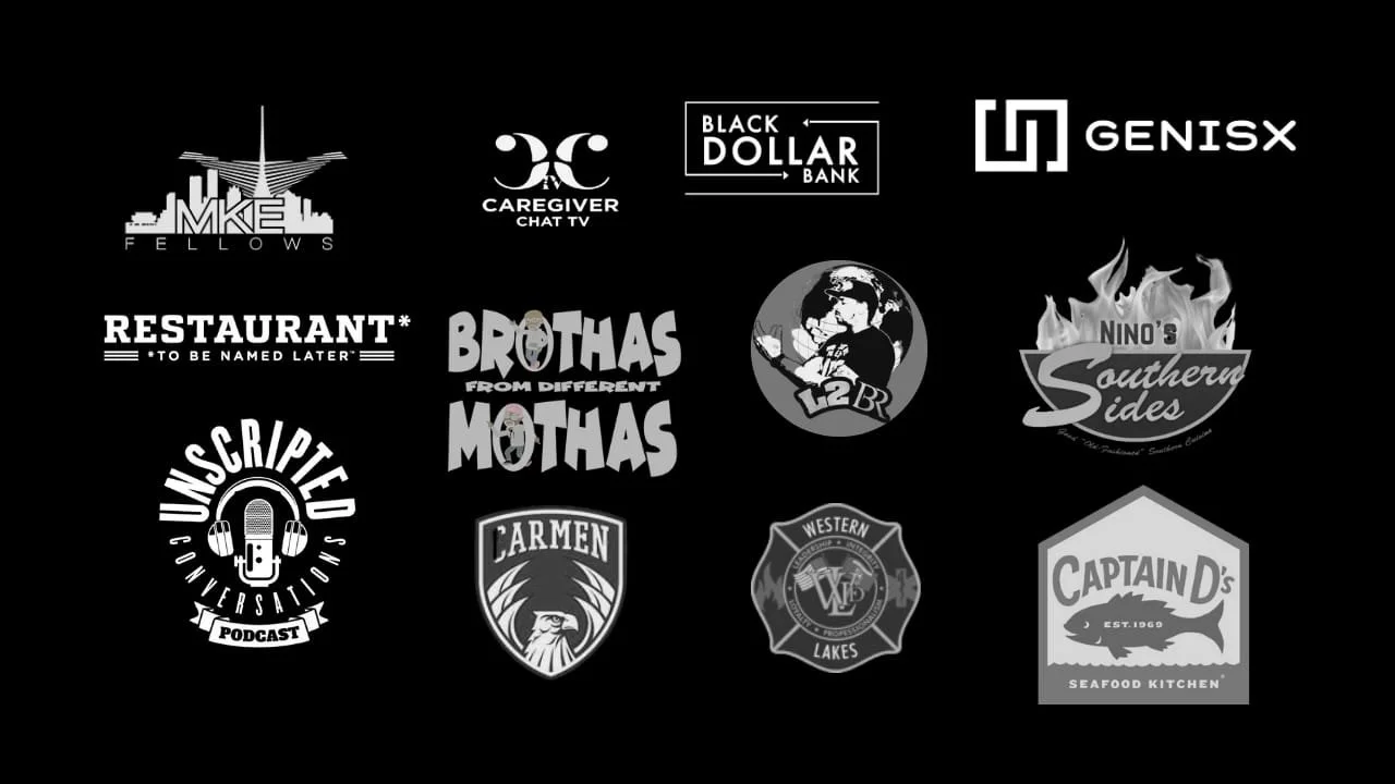 Collection of various black and white logo designs for different brands, including a radio station, a bank, a podcast, restaurants, and a seafood kitchen, arranged in a grid pattern.
