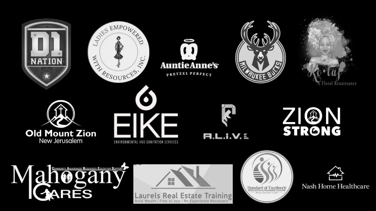 A collage of 15 black and white logos of various organizations and businesses.