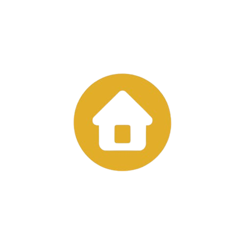 Icon of a house inside a gold circle, with black background.