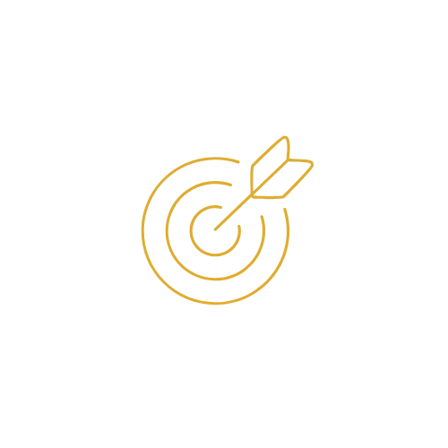 Gold outline of a target with an arrow hitting the bullseye on a black background.