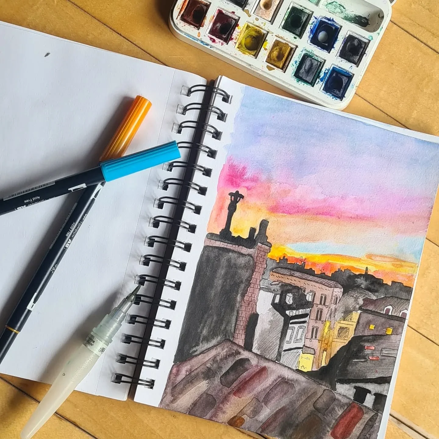 Golden 🌅

~Inktober day 6 🧱
Watercolor &amp; fine liner

The view from my old balcony in Toulouse. 🌌

#inktober #golden #watercolor #fineliner #illustration #drawingprompts #promptlist #challenge #drawing #art #view #balcony #memory #sunset #golde