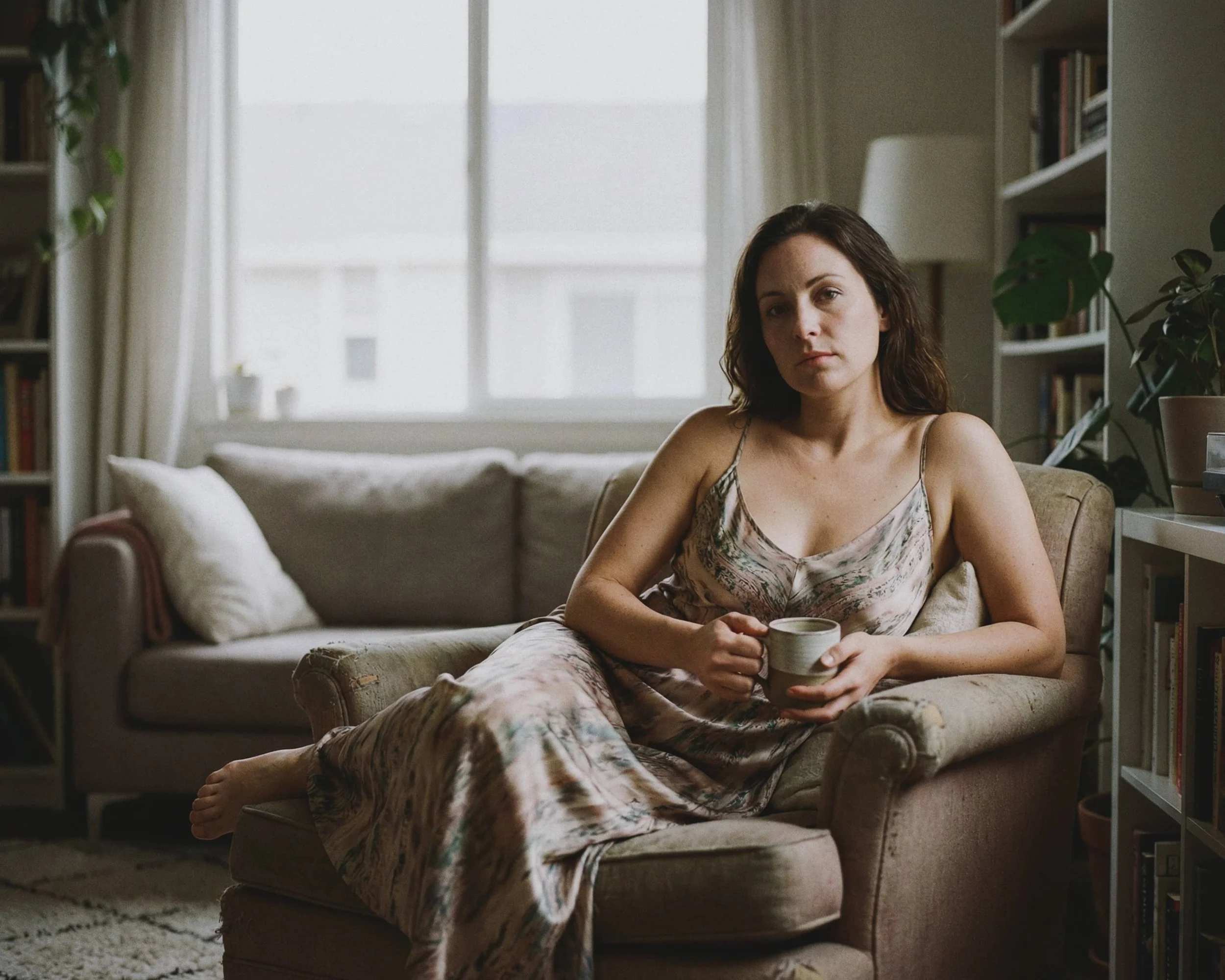 Una mujer joven sentada en un sillón en una sala iluminada por la luz natural. Está sosteniendo una taza y lleva puesto un vestido de tirantes con un patrón en tonos suaves. La sala tiene librerías llenas de libros, plantas en las estanterías y una c