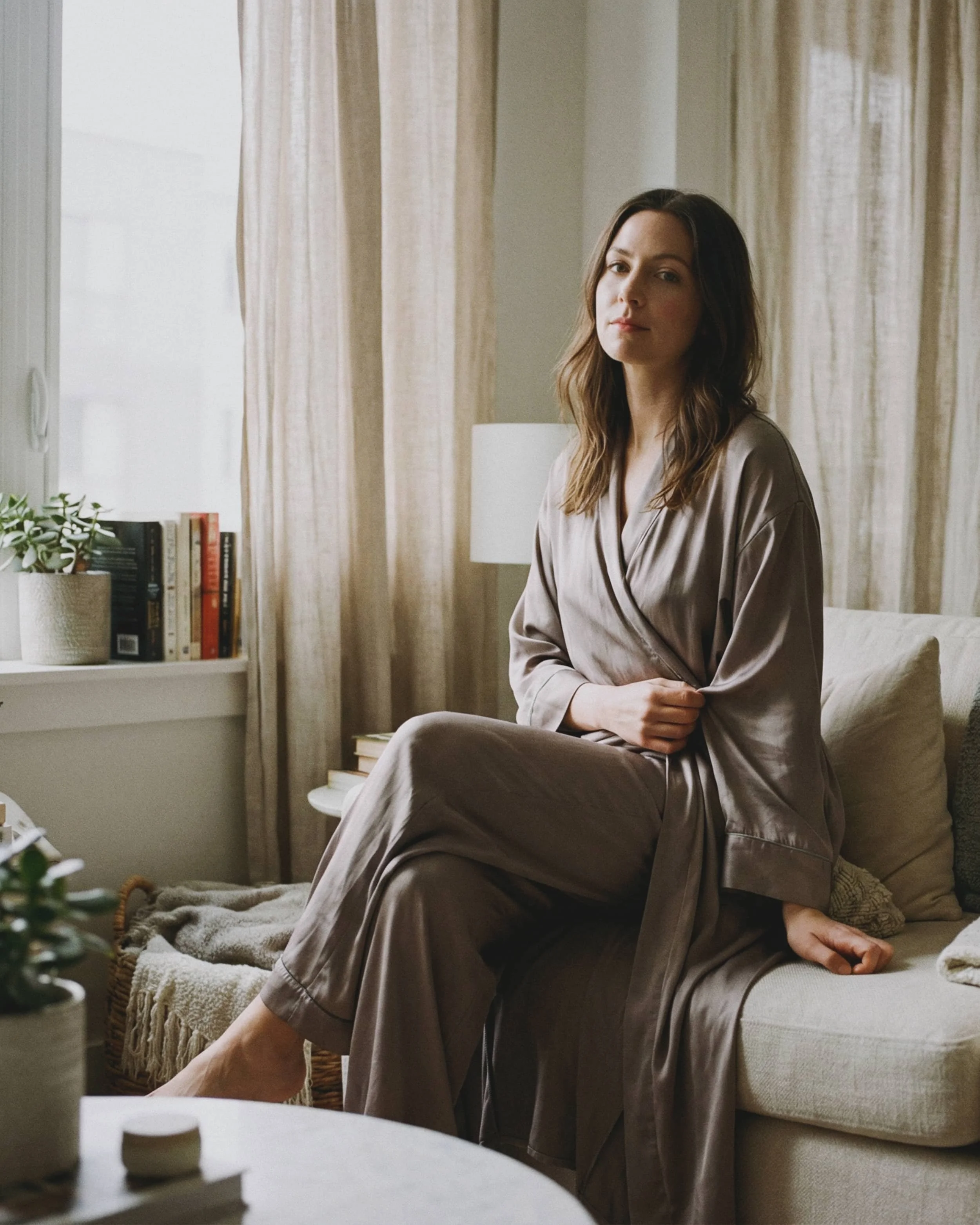 Mujer sentada en un sofá con ropa de seda en un ambiente interior, rodeada de cortinas y libros.