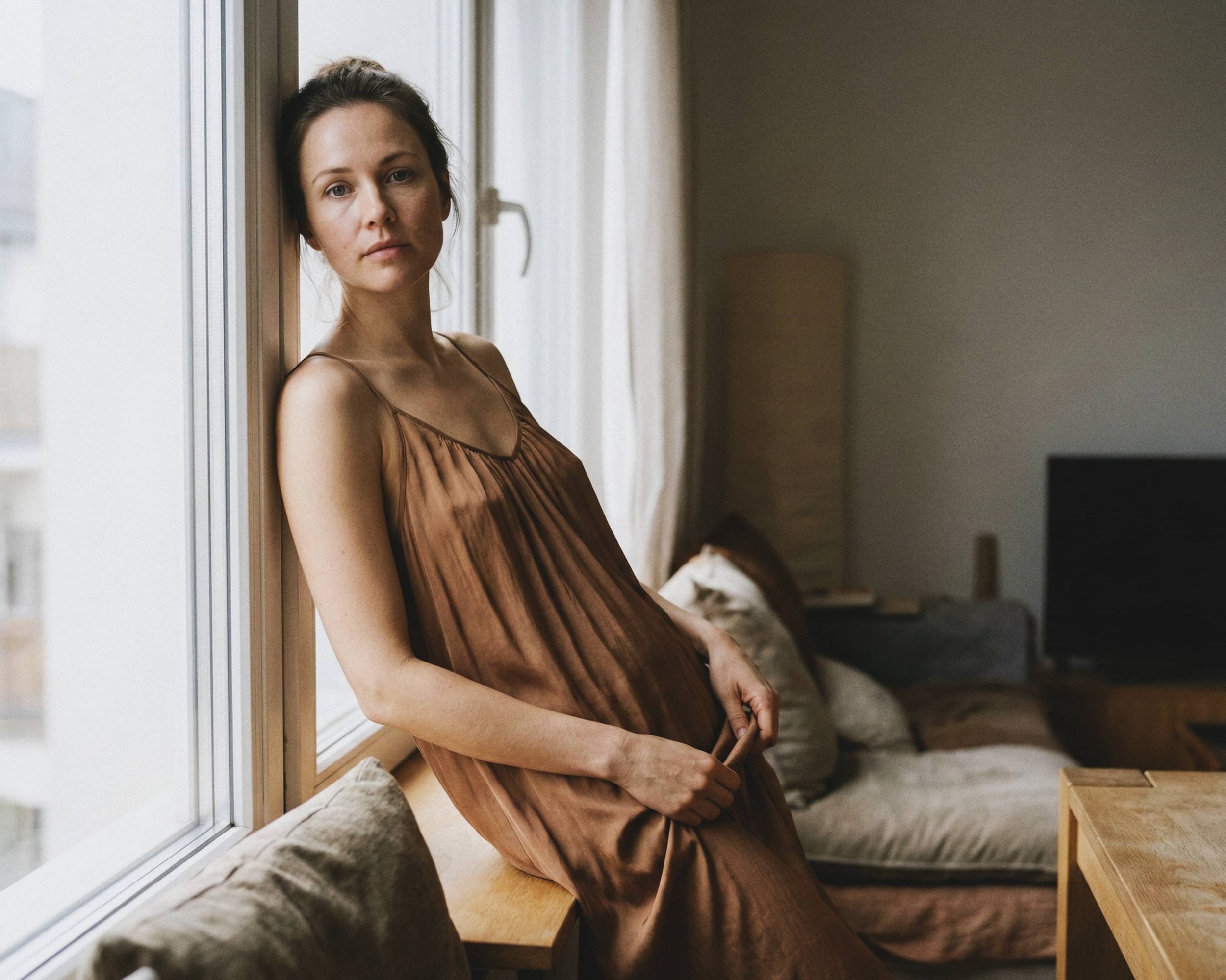 Mujer con vestido marrón en una sala junto a una ventana mirando hacia la cámara.