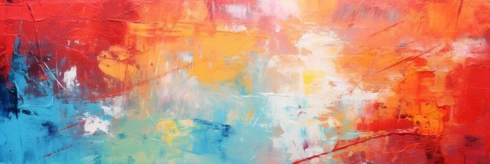 Abstract colorful painting with red, orange, yellow, blue, and white brushstrokes.