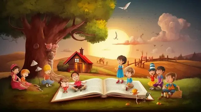 Children sitting and playing around an open book outdoors near a large tree with a small house in the background during sunset.