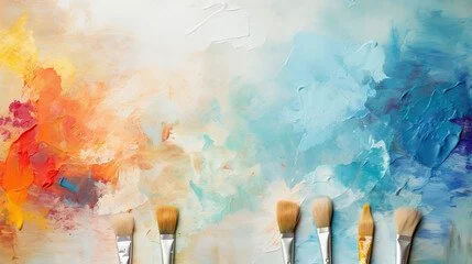 Abstract colorful painting with blue, orange, and white hues along with several paintbrushes at the bottom.