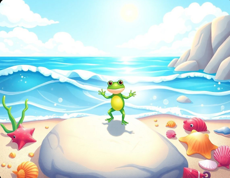 A magical frog dancing on the beach