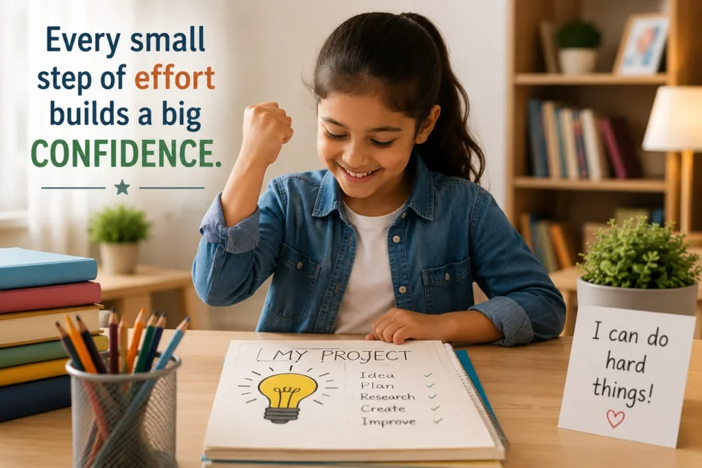 Child learning confidence through effort and encouragement