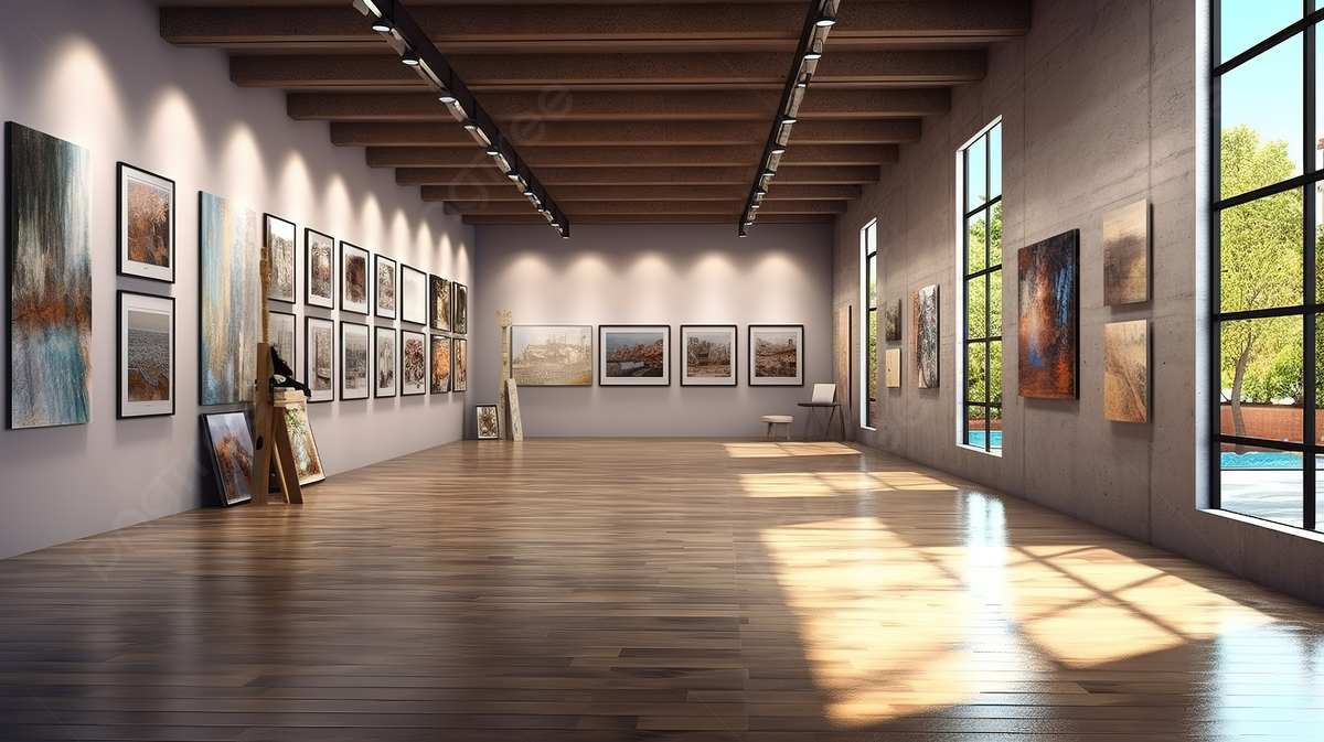 An art gallery with paintings displayed on white walls and a large window showing trees outside, with wooden flooring and a wooden ceiling.