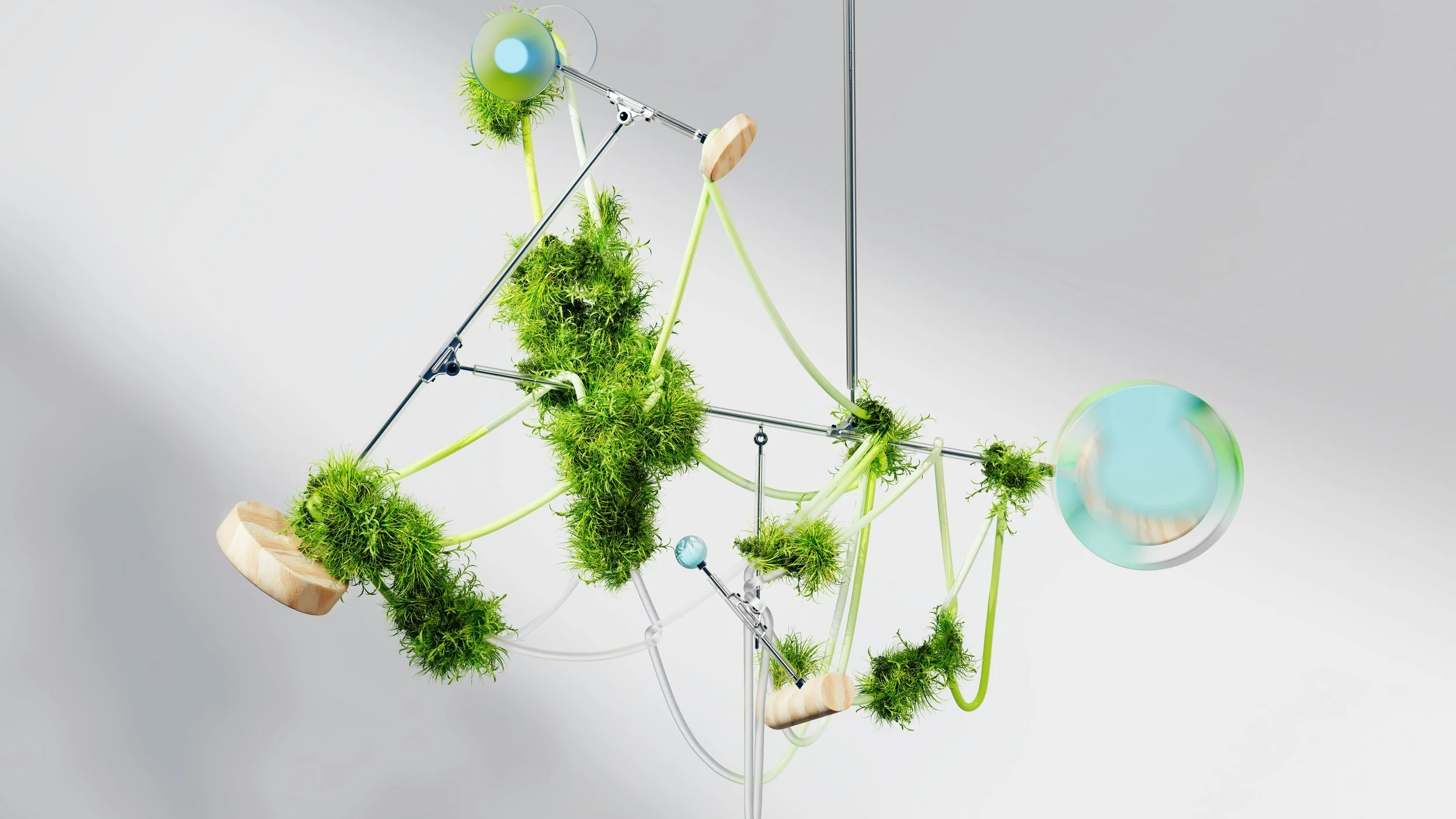 Abstract artwork featuring green moss and plants intertwined with metallic and wooden parts, resembling a complex industrial sculpture or mechanical contraption.
