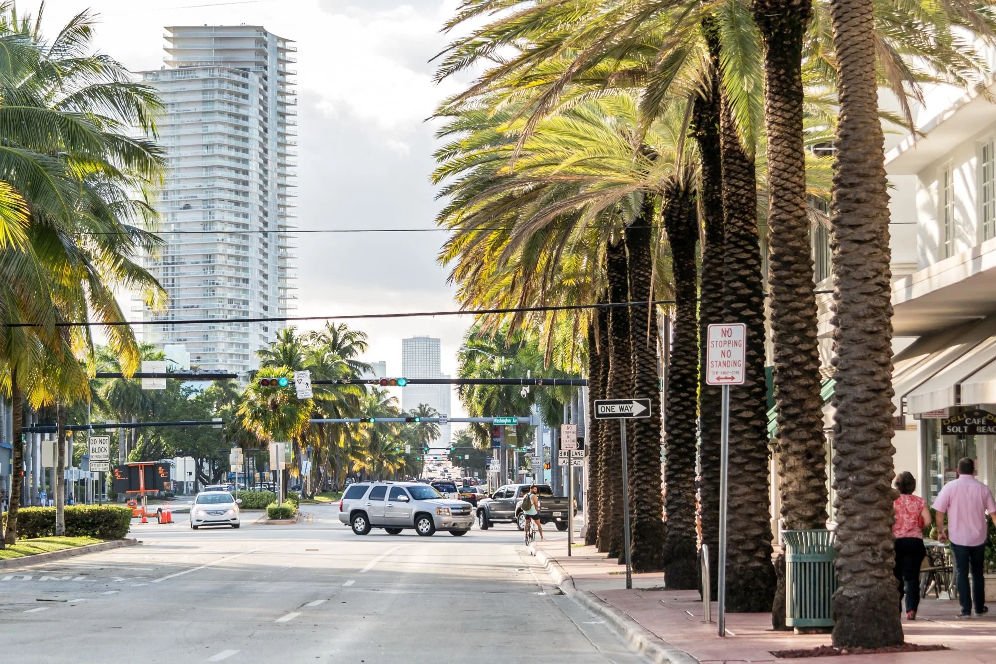 Street view with palm trees lining the sidewalk, cars and a cyclist crossing the intersection, tall buildings in the background, and signs indicating traffic rules in a sunny urban area.