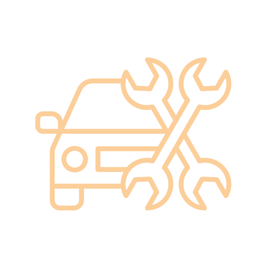 Icon of a car with two crossed wrenches in front of it, representing vehicle repair or maintenance.