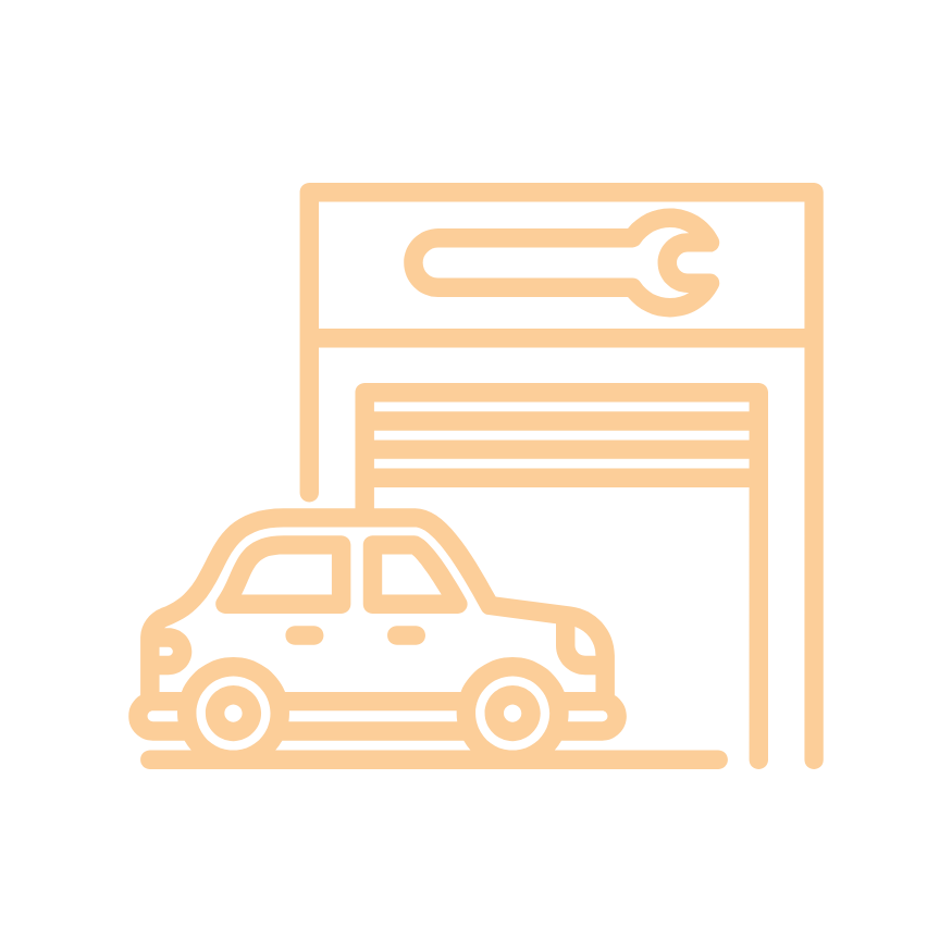 An outline icon of a car inside a garage with a large wrench and a screwdriver above it.