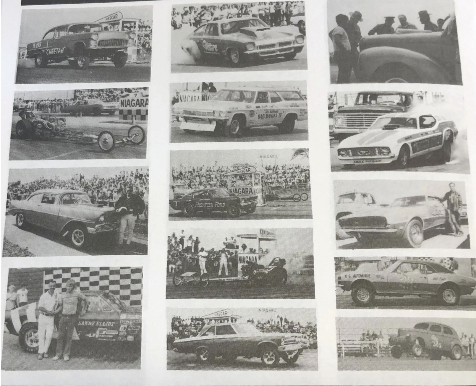 Black-and-white photos of vintage cars racing and participating in drag races, with people and crowds watching at the racing events.