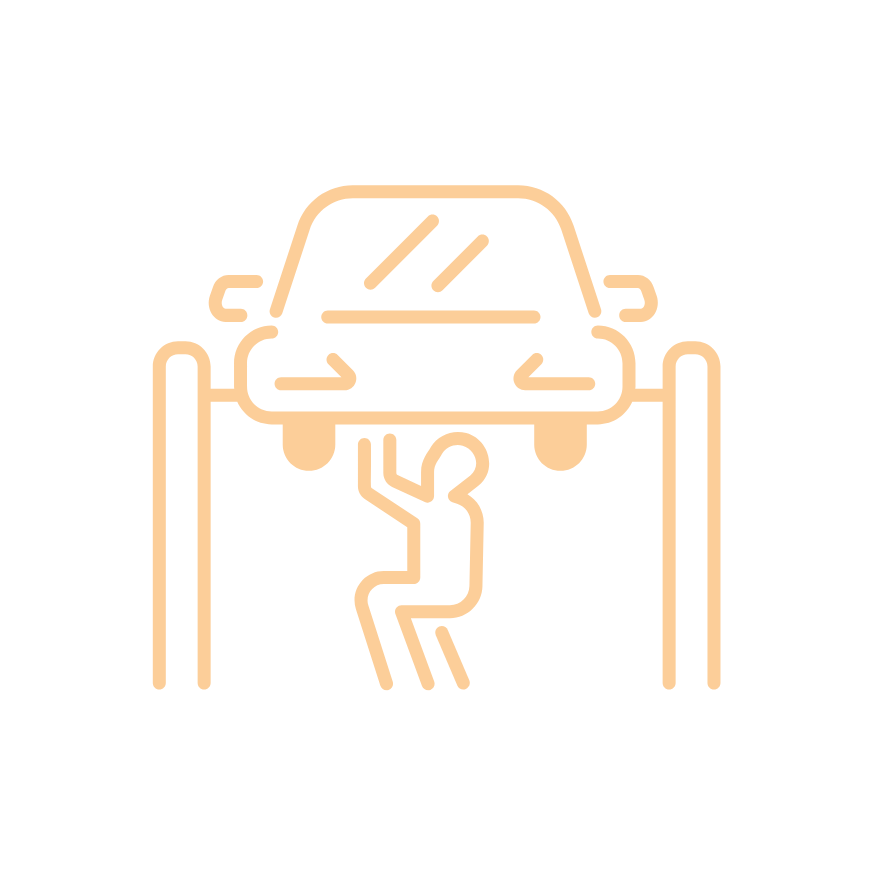 Neon outline of a person changing a car tire on a lift.