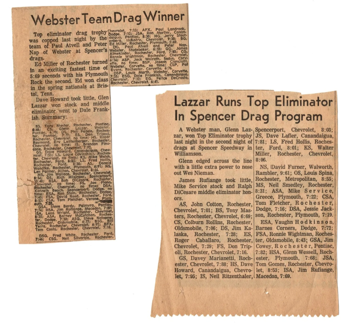 Two newspaper clippings about a drag racing event. The larger one is titled "Lazzar Runs Top Eliminator In Spencer Drag Program" and reports Glenn Lazzar winning the top eliminator trophy at Spencer Speedway. The smaller clipping is titled "Webster Team Drag Winner" and mentions Ed Miller from Rochester winning a drag race in Plymouth.