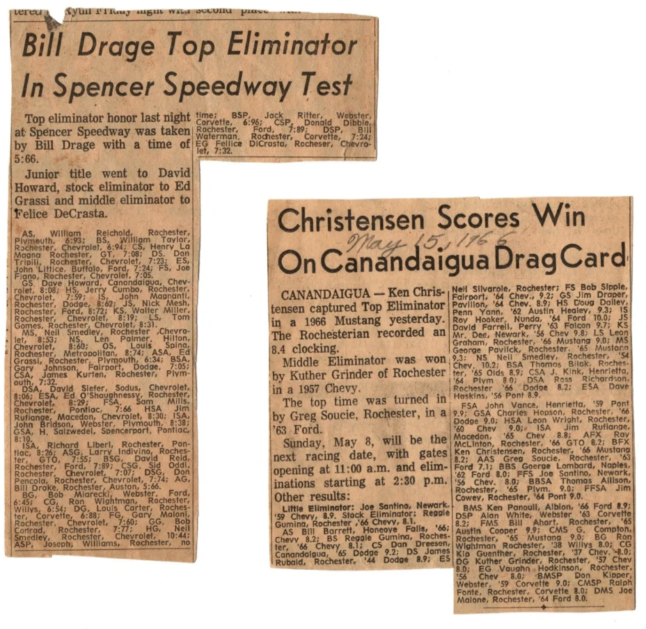 Clipping of a newspaper article about a drag racing event at Spencer Speedway, detailing results and winners, including Ken Christensen's win in a 1966 Mustang and other race results.