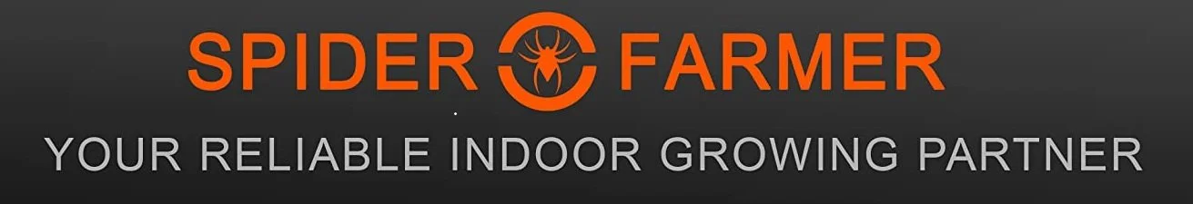 Logo for Spider Farmer with text 'YOUR RELIABLE INDOOR GROWING PARTNER' on a dark background.