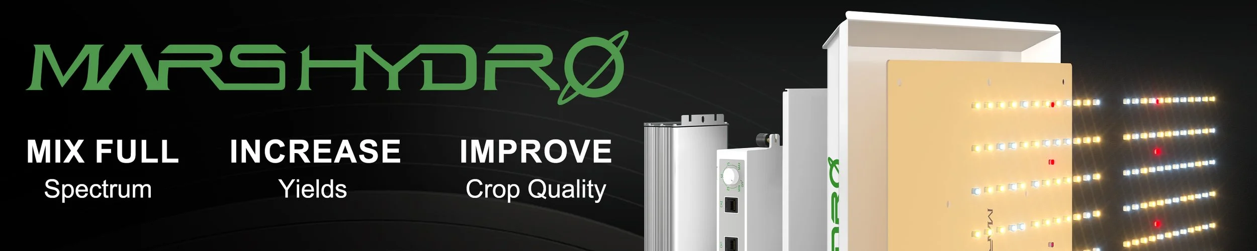 Marshydro LED grow light panel with text emphasizing spectrum, yields, and crop quality for indoor farming.